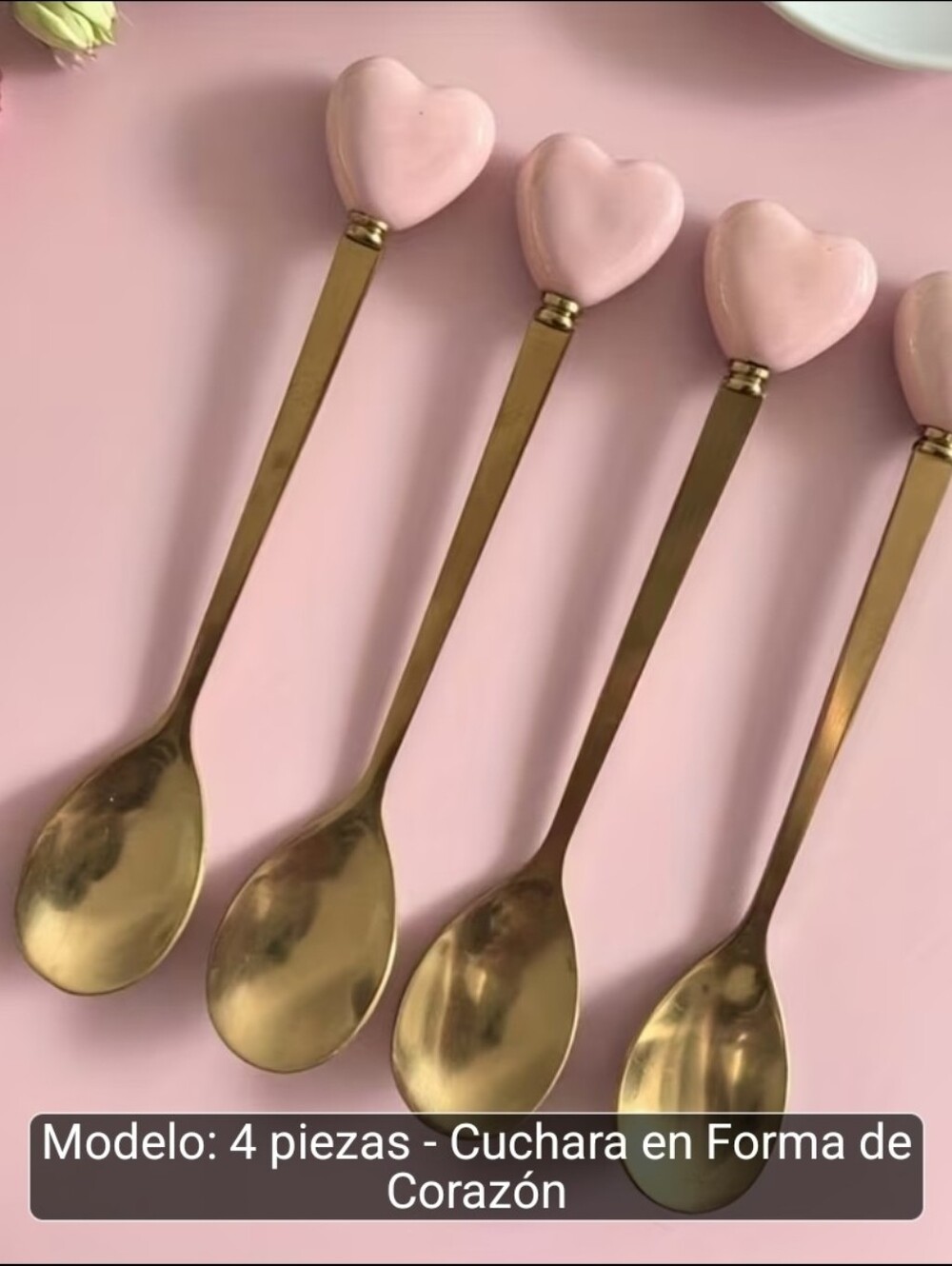 Set of 4 Heart-Top Gold Spoons with Pink Handles